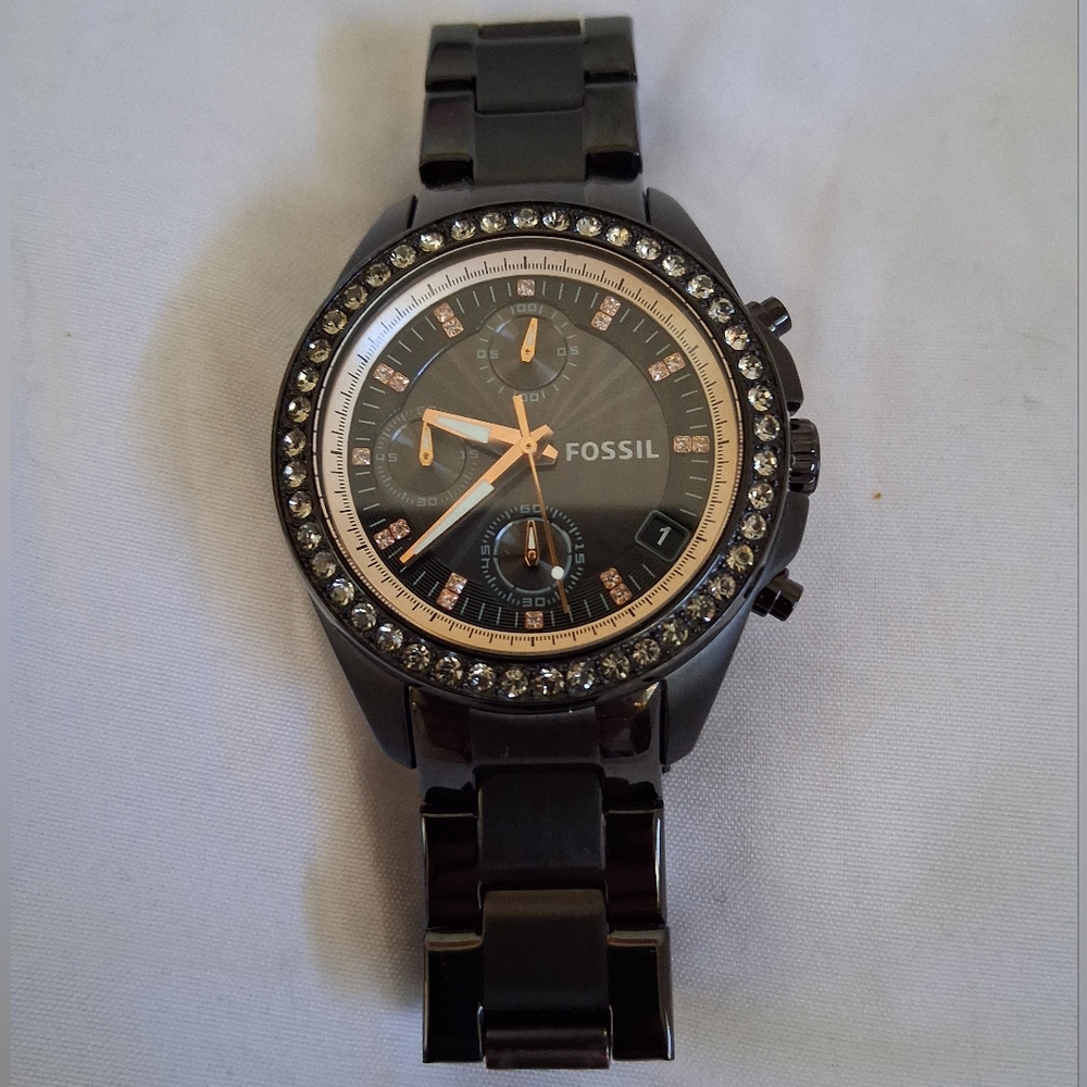 FOSSIL BLACK & SILVER CRYSTAL-STUDDED WATCH